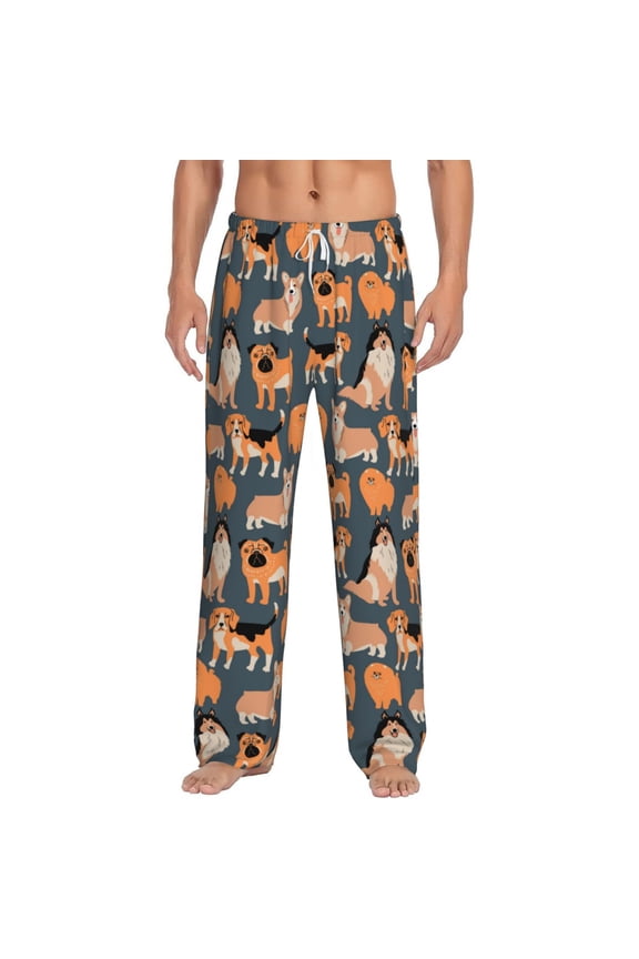 Corgi Collie Pug Print Pajama Pants for Men,Men’s Pajama Bottoms,Mens PJ Pants with Pockets & Button Fly-X-Large
