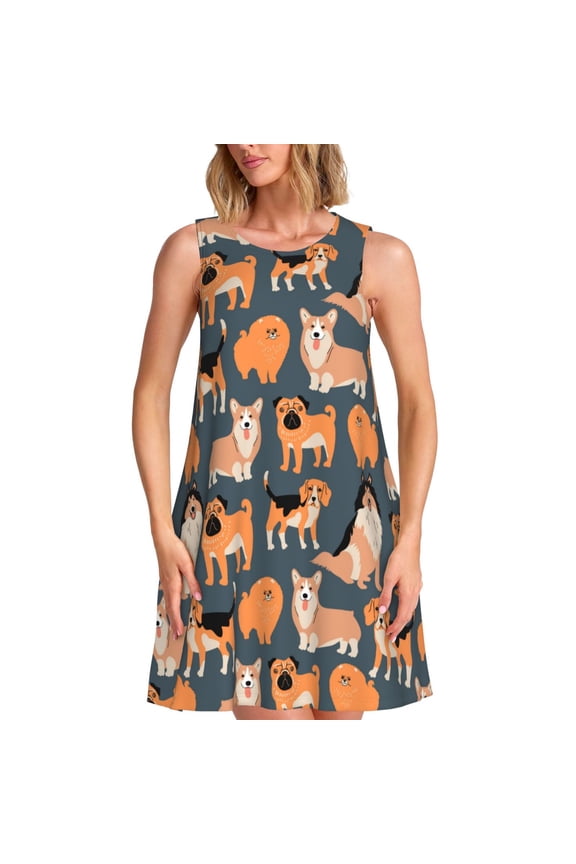 Corgi Collie Pug Print Summer Dresses for Women,Beach Sleeveless Flowy Pocket Tshirt Tank Sundresses,Women's Sleeveless Dress