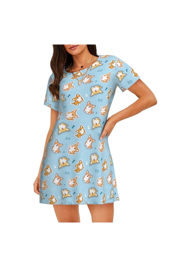 Corgi Dog 1 Print Nightgowns for Women,Soft Short-Sleeved Lightweight Sleepwear, Loose Sleepshirts