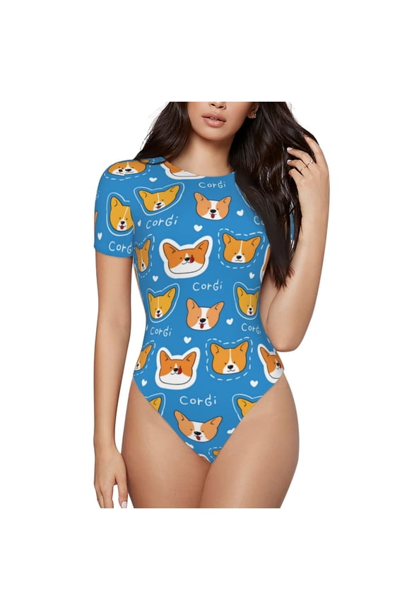 Corgi Dog Face Print Women's Short Sleeve Bodysuit,Crew Neck Soft Comfortable Fit Sexy Top,Body Suit Shirts,Short Sleeve T-Shirts-Large