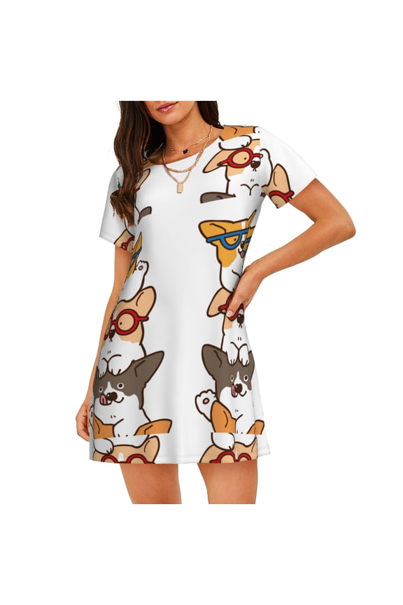 Corgi Dog2 Print Nightgowns for Women,Soft Short-Sleeved Lightweight Sleepwear, Loose Sleepshirts