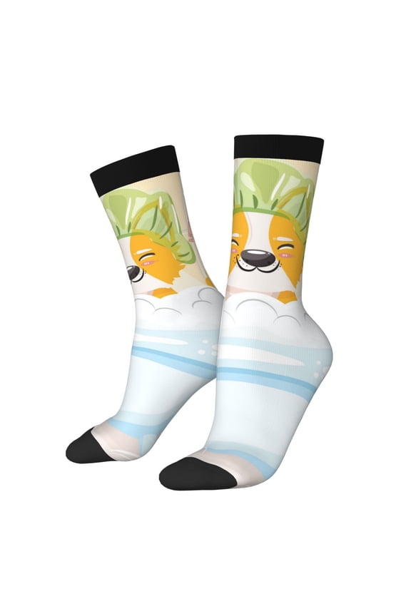 Corgi In The Shower Cap Bathing Print Adult Socks for Men & Women,Calf Socks, Ankle Socks,Boots Socks,Breathable Casual Sock,Unisex Crew Socks