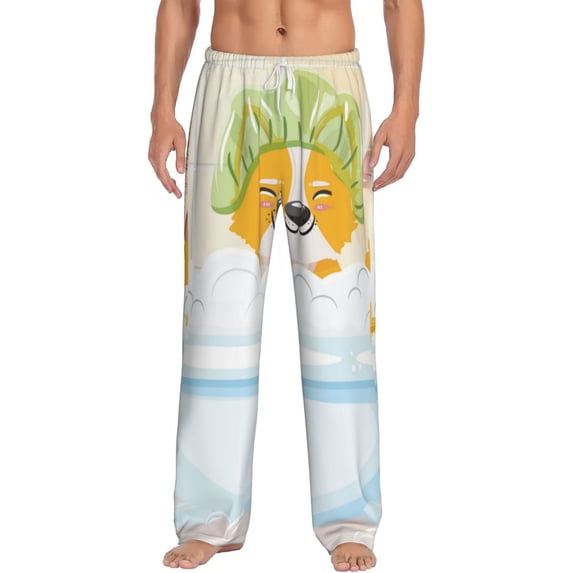 Logiee Corgi In The Shower Cap Bathing Print Pajama Pants for Men,Men’s Pajama Bottoms,Mens PJ Pants with Pockets & Button Fly-3X-Large