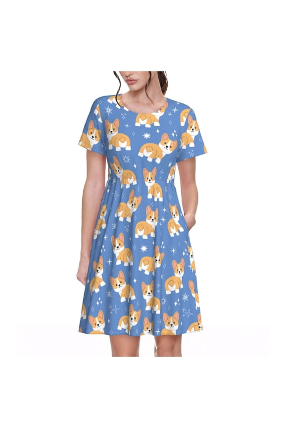 Corgi Print Womens Summer Dress,Casual Short Sleeve Sundresses,Beach A-line Shift Dress with Pockets