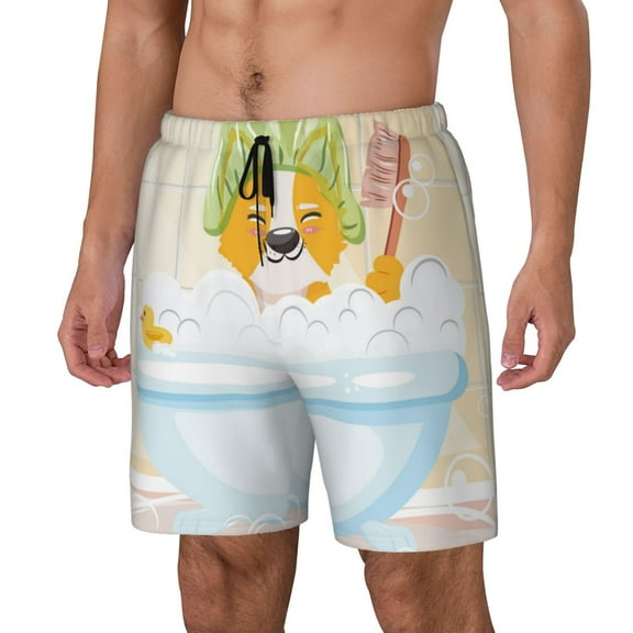 Logiee Corgi In The Shower Cap Bathing Print Men's Swim Trunk,Quick Dry Board Shorts ,Men's Swim Trunks with Compression Liner, Bathing Suits with Pockets-Large