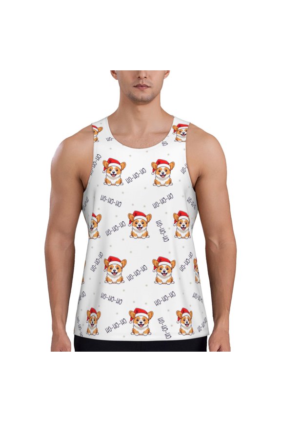 Corgi With Santa Claus Hat Print Men's Workout Tank Top,Quick Dry Workout Tank Top,Gym Muscle Tee,Fitness Bodybuilding Sleeveless T Shirt-3X-Large
