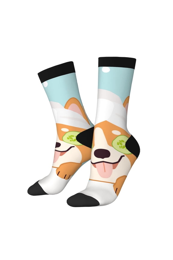 Corgi With Towel Ans Slice Cucumber Print Adult Socks for Men & Women,Calf Socks, Ankle Socks,Boots Socks,Breathable Casual Sock,Unisex Crew Socks