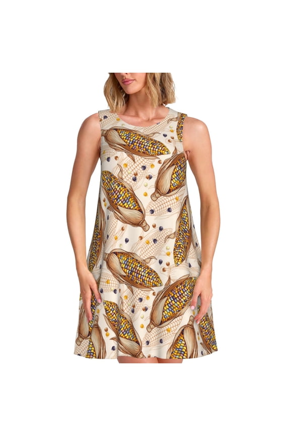 Corn 5 Print Summer Dresses for Women,Beach Sleeveless Flowy Pocket Tshirt Tank Sundresses,Women's Sleeveless Dress