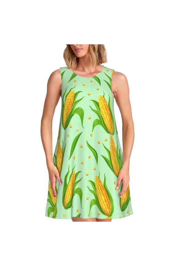 Corn 7 Print Summer Dresses for Women,Beach Sleeveless Flowy Pocket Tshirt Tank Sundresses,Women's Sleeveless Dress