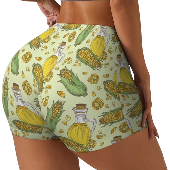 Logiee Corn And Corn Oil Print Women's Biker Shorts,Workout Gym Shorts,Scrunch Shorts,Tummy Control Hidden Scrunch Running Yoga Shorts-Medium