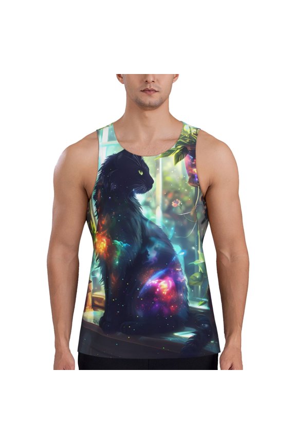 Cosmic Cat In Window Print Men's Workout Tank Top,Quick Dry Workout Tank Top,Gym Muscle Tee,Fitness Bodybuilding Sleeveless T Shirt-Large
