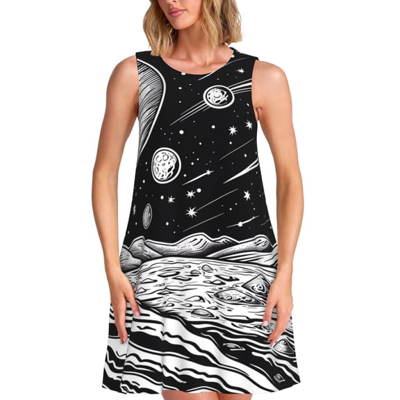 Logiee Cosmic Landscape Celestial Art Print Summer Dresses for Women,Beach Sleeveless Flowy Pocket Tshirt Tank Sundresses,Women's Sleeveless Dress