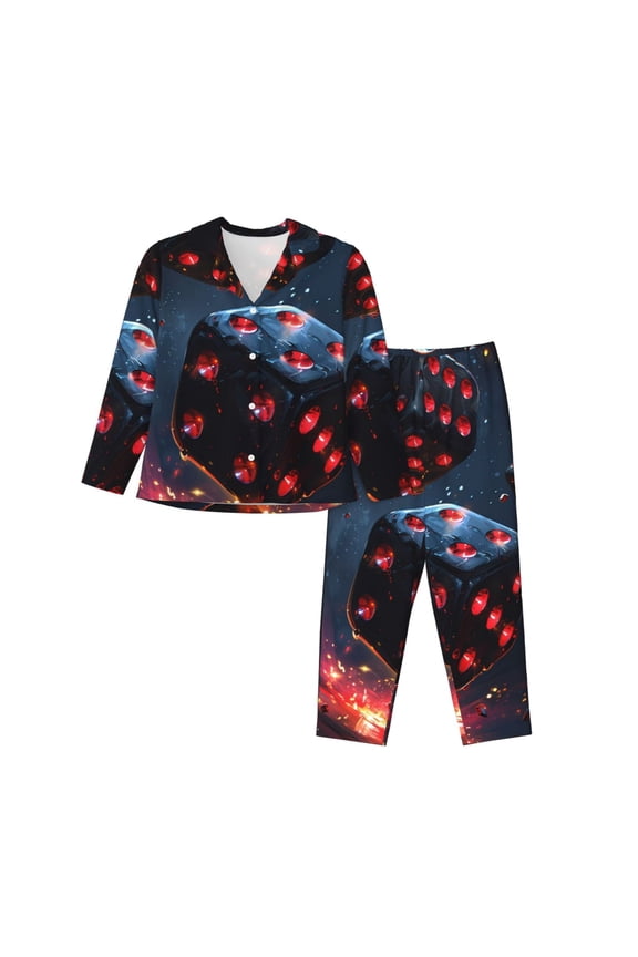 Cosmic Red Sparkle Dice Print Womens Pajamas Set,Long Sleeve Sleepwear,Button Down Lounge Set 2 Pieces,Soft Nightwear Pjs Set-Large