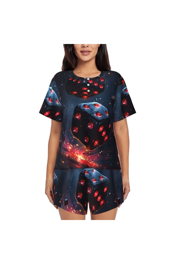 Cosmic Red Sparkle Dice Print Womens Pajamas Set,Short-Sleeve Pajama 2 Piece Sleepwear with Pockets-Small