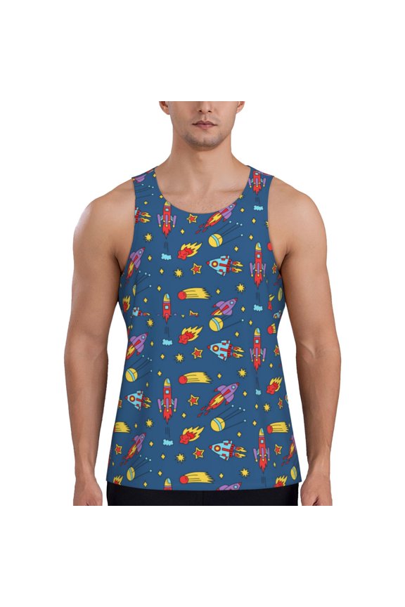 Cosmos Rockets Print Men's Workout Tank Top,Quick Dry Workout Tank Top,Gym Muscle Tee,Fitness Bodybuilding Sleeveless T Shirt-Medium