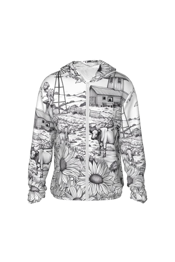 Country Farm Scene Print Men's Women Light Jacket Full Zip Sun Protection Hoodie Long Sleeve Sun Shirts for Men Hiking Fishing Zip Pockets-XX-Large