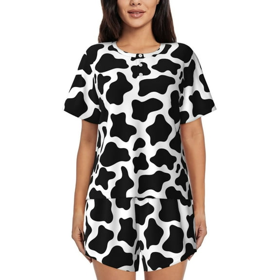 Logiee Cow Print Black White Print Womens Pajamas Set,Short-Sleeve Pajama 2 Piece Sleepwear with Pockets-Small