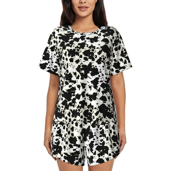 Logiee Cow Skin 1 Print Womens Pajamas Set,Short-Sleeve Pajama 2 Piece Sleepwear with Pockets-Small