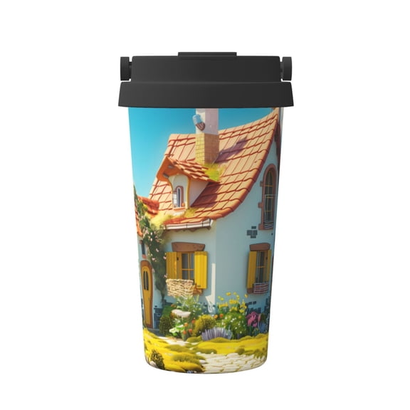 Logiee Cozy Cartoon Backyard Print Stainless Steel Coffee Tumbler, Travel Coffee Mug, Insulated Coffee Mug with Lid, Spill Proof Coffee Cup, Portable Thermal Mug