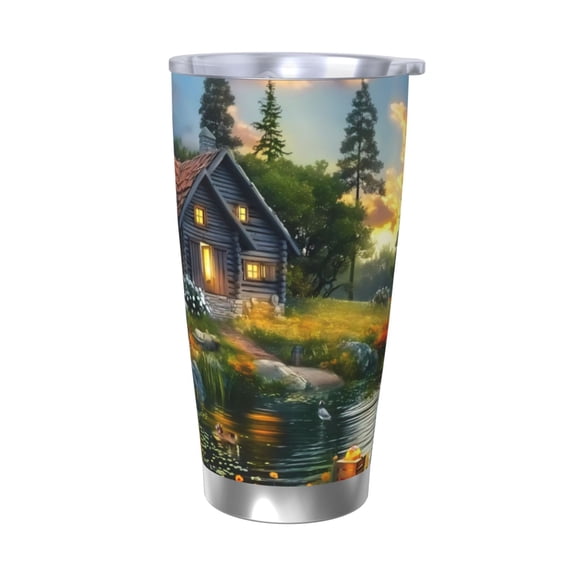 Logiee Cozy Cottage Lakeside Sunset Print 20OZ Car Cup with Lid, Stainless Steel Vacuum Insulated Double Wall Travel Tumbler, Durable Insulated Coffee Mug,Thermal Cup with Straw-Without Straw