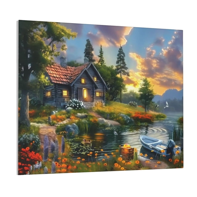 Logiee Cozy Cottage Lakeside Sunset Print Canvas Wall Art ,Art Poster ...