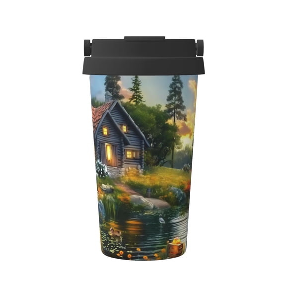 Logiee Cozy Cottage Lakeside Sunset Print Stainless Steel Coffee Tumbler, Travel Coffee Mug, Insulated Coffee Mug with Lid, Spill Proof Coffee Cup, Portable Thermal Mug