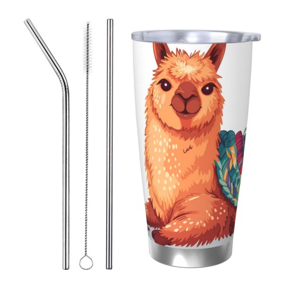 Logiee Cozy Knitting Llama Print 20OZ Car Cup with Lid, Stainless Steel Vacuum Insulated Double Wall Travel Tumbler, Durable Insulated Coffee Mug,Thermal Cup with Straw-Straw Three-piece Set