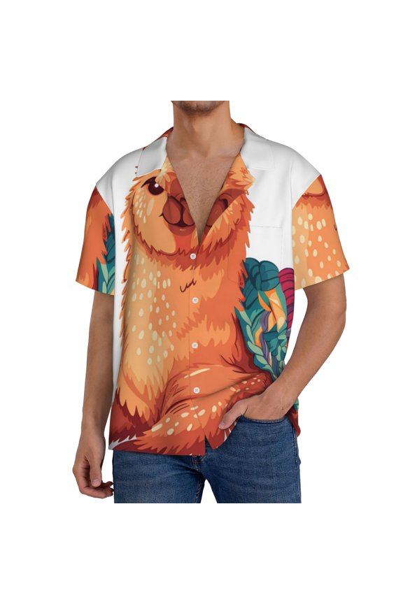 Cozy Knitting Llama Print Men's Button Down Shirts Short Sleeve, Summer Beach Shirts,Vacation Wedding Shirts,Men's Casual Button-Down Shirts with Pocket-Medium