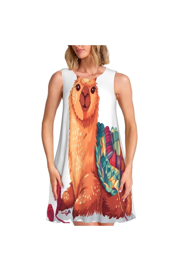 Cozy Knitting Llama Print Summer Dresses for Women,Beach Sleeveless Flowy Pocket Tshirt Tank Sundresses,Women's Sleeveless Dress