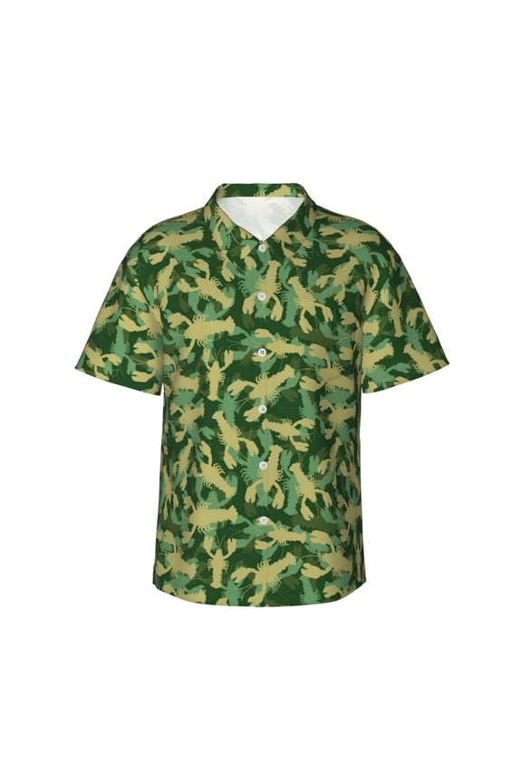 Crayfish Army Print Mens Hawaiian Shirts,Loose-Fit Short Sleeve Button Down Tropical Aloha Beach Shirt,Summer Vacation Wedding Tops,Medium