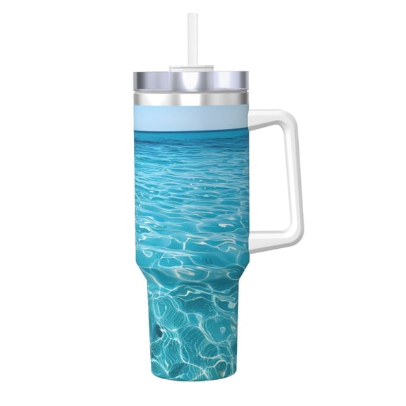 Logiee Crystal Clear Ocean Waves Print 40OZ Ice Bully Cup with Handle and Straw, Double Wall Stainless Steel Tumbler,Travel Coffee Cup with Lid, Summer Insulation and Cooling Cup