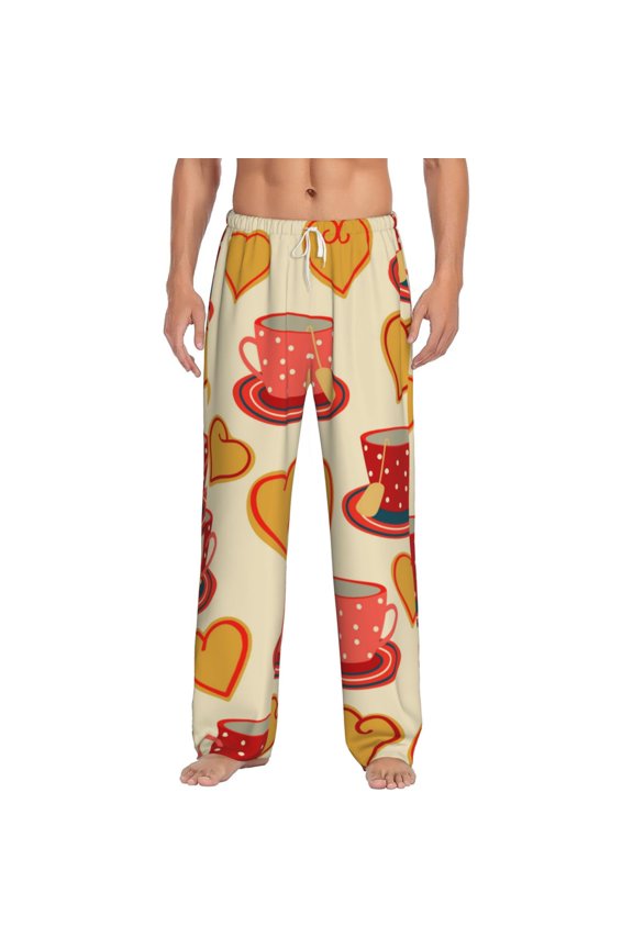 Cups of Tea Print Pajama Pants for Men,Men’s Pajama Bottoms,Mens PJ Pants with Pockets & Button Fly-XX-Large