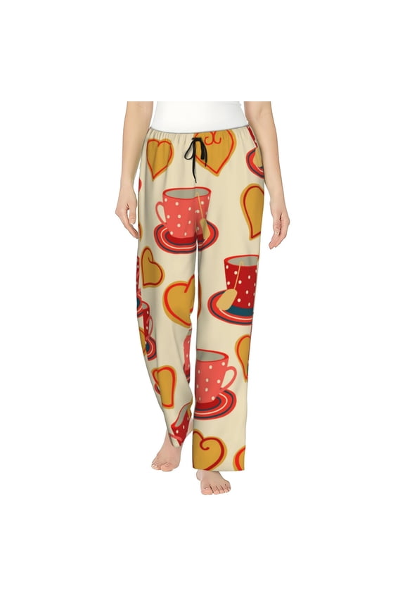 Cups of Tea Print Women Pajama Pants,Comfy Pj Bottom with Pockets & Drawstring,Stretch Casual Sleepwear-Large