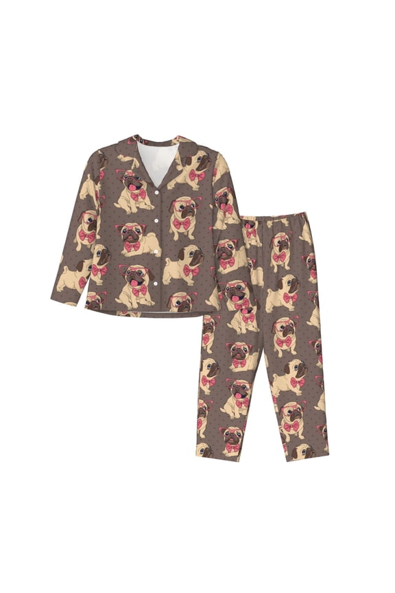 Cut Pug Print Womens Pajamas Set,Long Sleeve Sleepwear,Button Down Lounge Set 2 Pieces,Soft Nightwear Pjs Set-