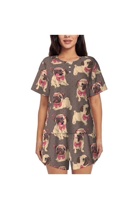 Cut Pug Print Womens Pajamas Set,Short-Sleeve Pajama 2 Piece Sleepwear with Pockets-Large
