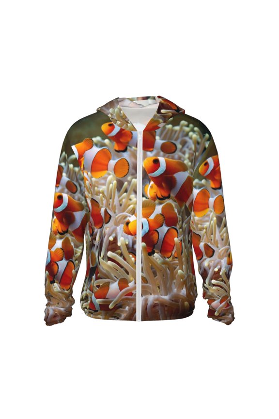 Cute Anemone Fish Print Men's Women Light Jacket Full Zip Sun Protection Hoodie Long Sleeve Sun Shirts for Men Hiking Fishing Zip Pockets-Small