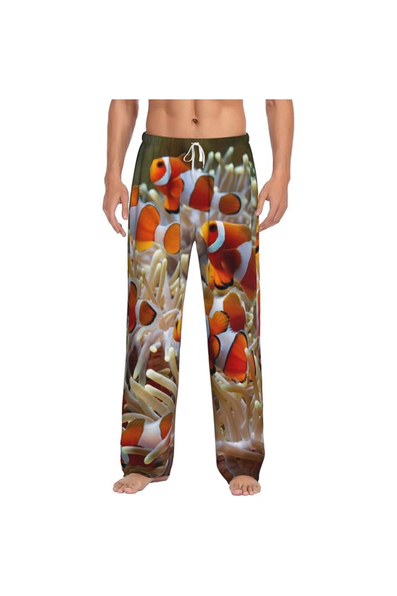 Cute Anemone Fish Print Pajama Pants for Men,Men’s Pajama Bottoms,Mens PJ Pants with Pockets & Button Fly-X-Large