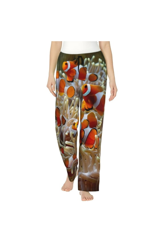 Cute Anemone Fish Print Women Pajama Pants,Comfy Pj Bottom with Pockets & Drawstring,Stretch Casual Sleepwear-Medium
