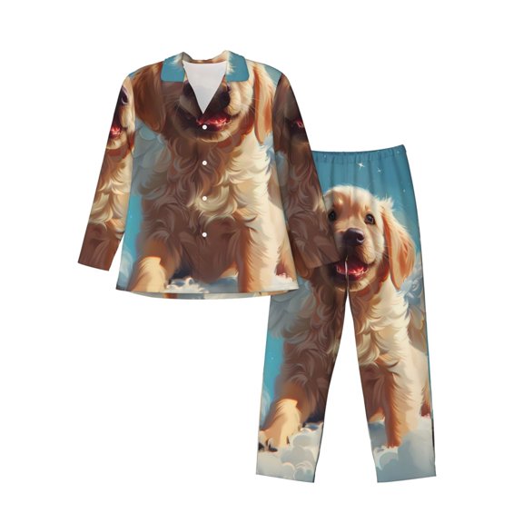 Logiee Cute Angel Winged Dog Print Mens Long Sleeve Pajama Set,Notched Collar Pajamas for Men, Men's Sleepwear,Mens Sleepwear with Pockets & Button Down-Large