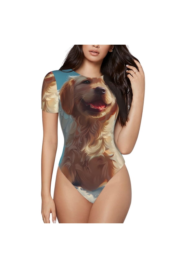 Cute Angel Winged Dog Print Women's Short Sleeve Bodysuit,Crew Neck Soft Comfortable Fit Sexy Top,Body Suit Shirts,Short Sleeve T-Shirts-Small