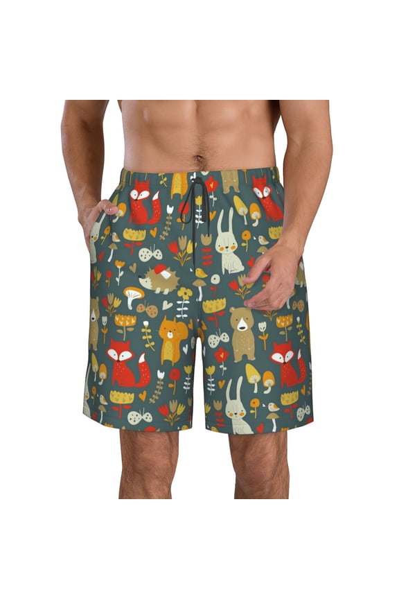 Cute Animal Forest Print Mens Swim Trunks Quick Dry Board Shorts,Breathable Hawaii Beach Shorts Swimwear Bathing Suits-3X-Large