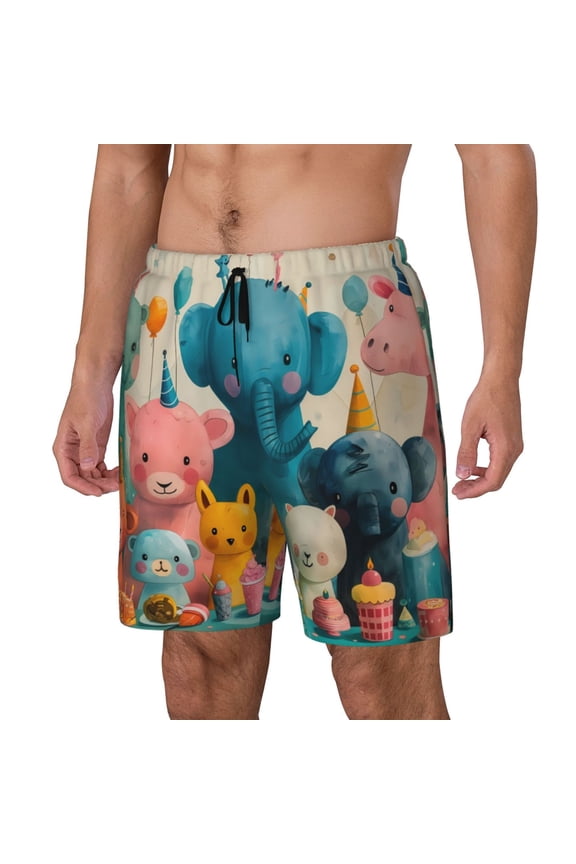 Cute Animal Party Print Men's Swim Trunk,Quick Dry Board Shorts ,Men's Swim Trunks with Compression Liner, Bathing Suits with Pockets-3X-Large