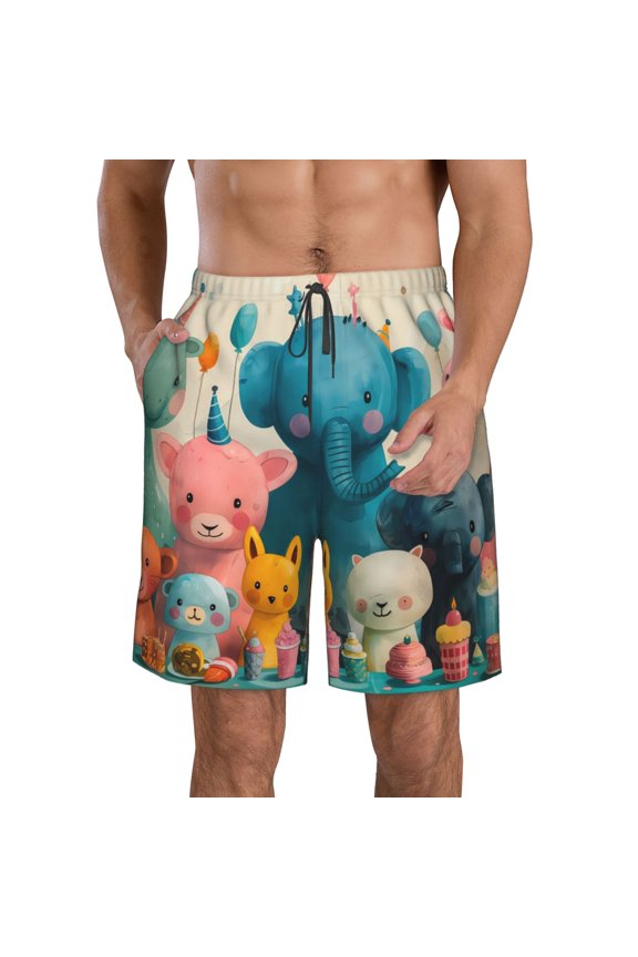 Cute Animal Party Print Mens Swim Trunks Quick Dry Board Shorts,Breathable Hawaii Beach Shorts Swimwear Bathing Suits-Small