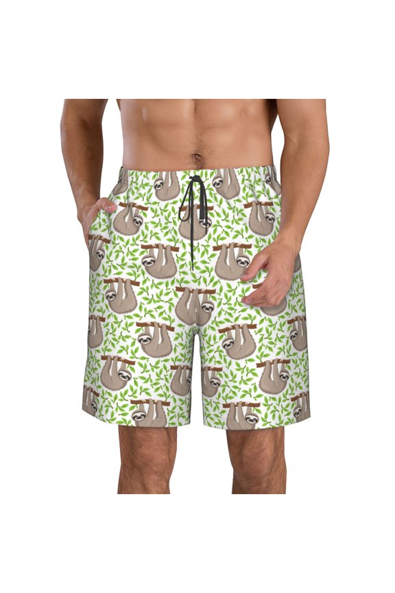 Cute Animal Sloth On A Branch Print Mens Swim Trunks Quick Dry Board Shorts,Breathable Hawaii Beach Shorts Swimwear Bathing Suits-Medium