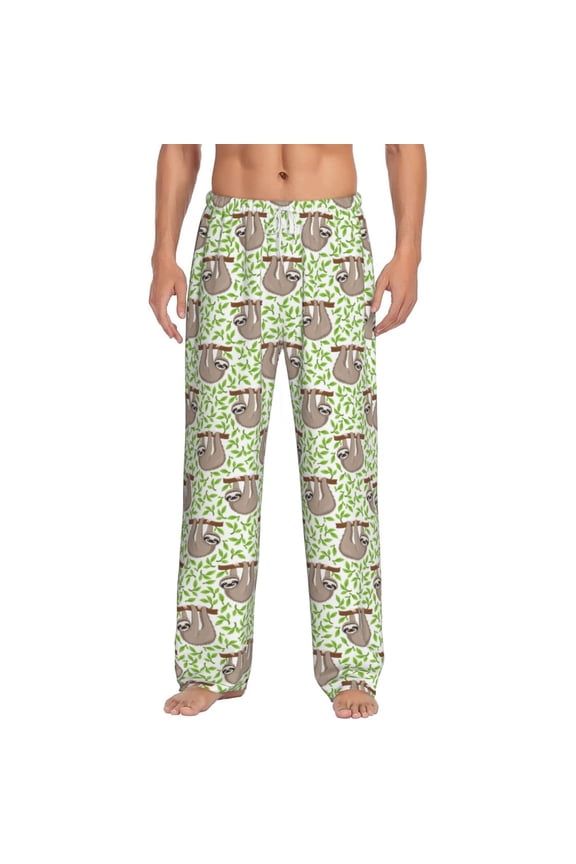 Cute Animal Sloth On A Branch Print Pajama Pants for Men,Men’s Pajama Bottoms,Mens PJ Pants with Pockets & Button Fly-Small