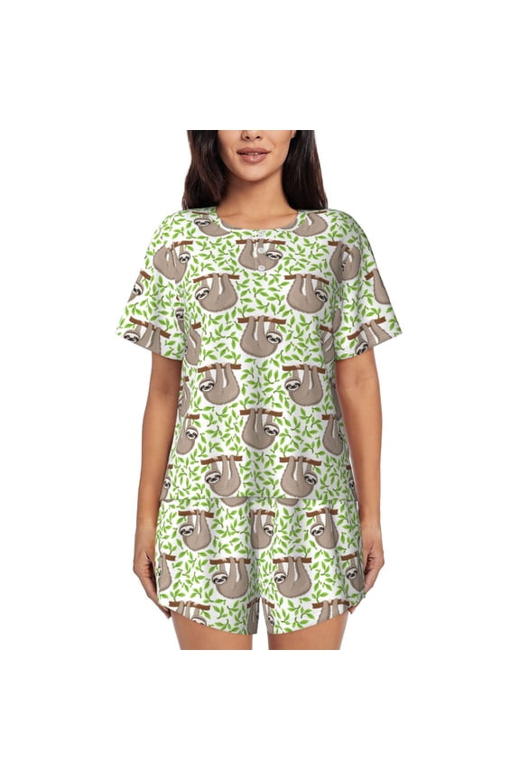 Cute Animal Sloth On A Branch Print Womens Pajamas Set,Short-Sleeve Pajama 2 Piece Sleepwear with Pockets-Small