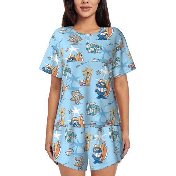 Logiee Cute Animals Surfers Print Womens Pajamas Set,Short-Sleeve Pajama 2 Piece Sleepwear with Pockets-3X-Large