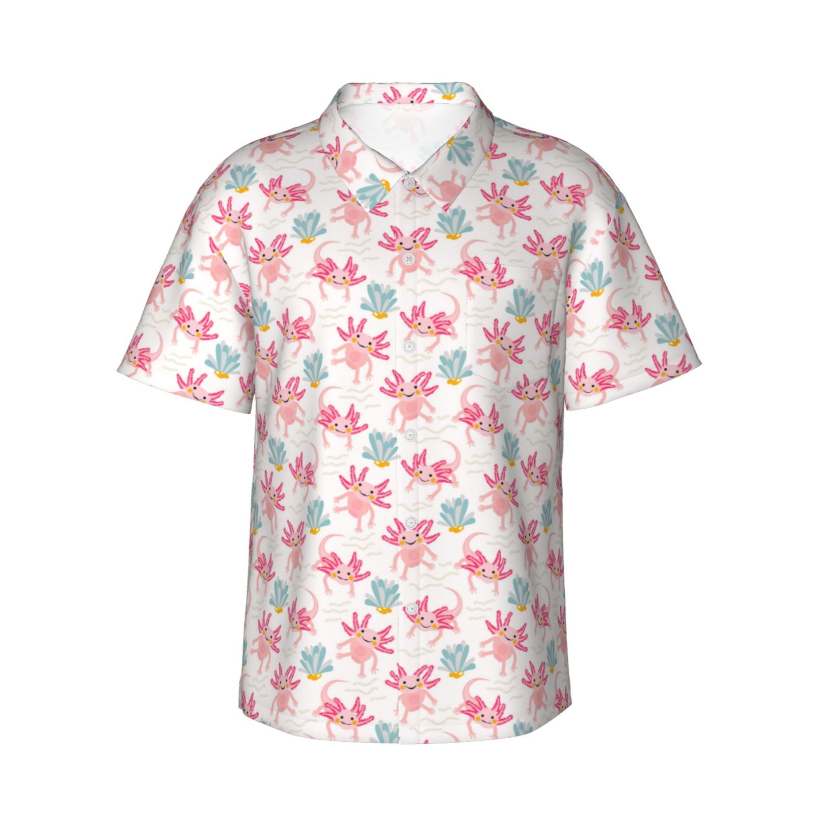 Logiee Cute Axolotl Print Mens Hawaiian Shirts,Loose-Fit Short Sleeve Button Down Tropical Aloha Beach Shirt,Summer Vacation Wedding Tops,Large
