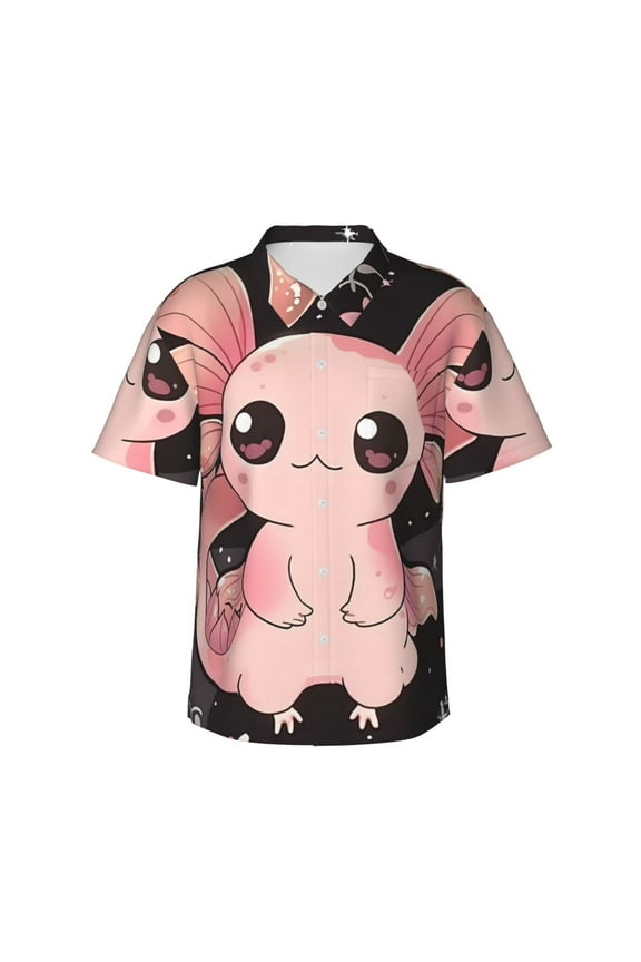 Cute Axolotl Sakura Blossoms B Print Mens Hawaiian Shirts,Loose-Fit Short Sleeve Button Down Tropical Aloha Beach Shirt,Summer Vacation Wedding Tops,Large