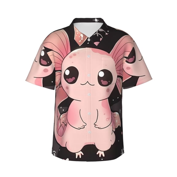 Logiee Cute Axolotl Sakura Blossoms B Print Mens Hawaiian Shirts,Loose-Fit Short Sleeve Button Down Tropical Aloha Beach Shirt,Summer Vacation Wedding Tops,Small